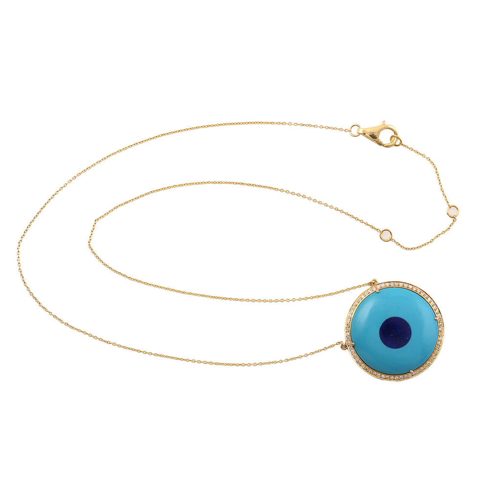 Natural Pave Diamond Evil Eye Turquoise 18k Yellow Gold Pendant