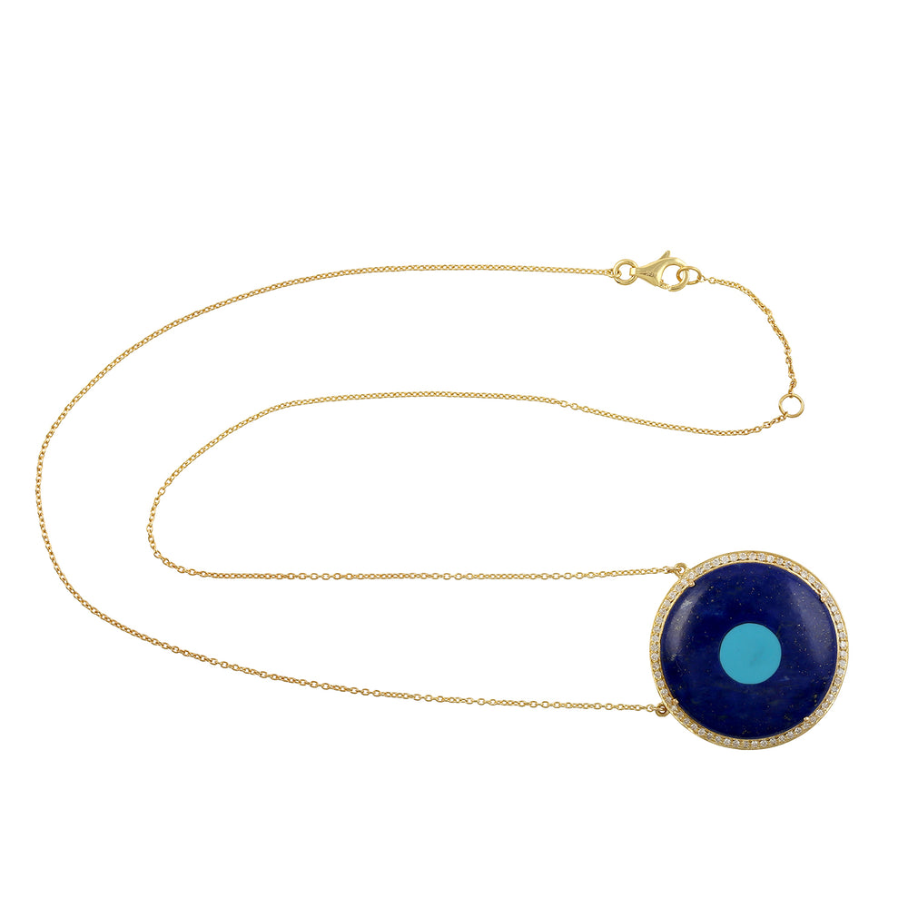 Natural Lapis & Turquoise Pave Diamond Charm Pendant 18k Yellow Gold Chain Necklace