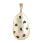 Natural Gemstone Emerald Diamond 14k Soild Yellow Gold Pearl pendant