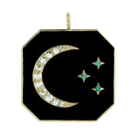 Natural Emerald Pave Diamond Crescent Moon Charm Enamel Octagon 14k Yellow Gold Pendant