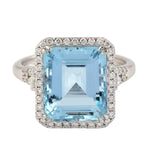 Emerald Cut Natural Aquamarine Pave Diamond Cocktail Ring Jewelry In 18k White Gold