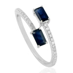 Natural Baguette Sapphire Natural Diamond Bypass Ring in 14k White Gold For Her