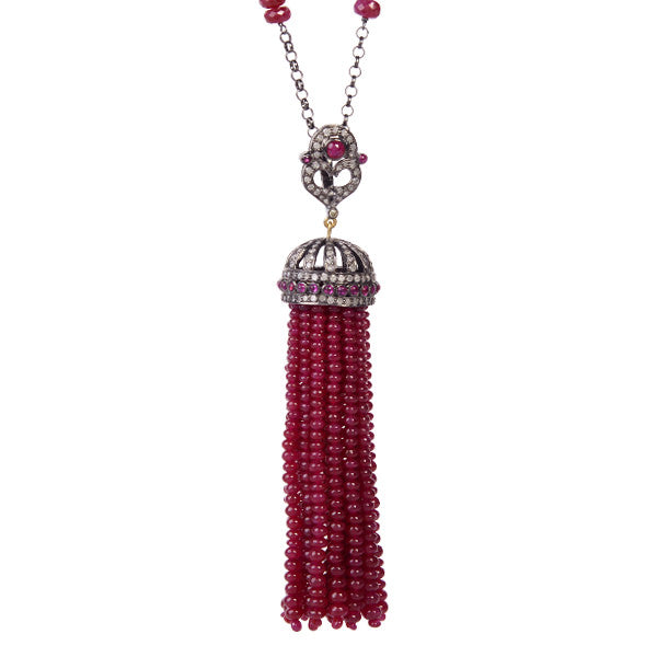 18K Yellow Gold 925 Silver Faceted Ruby Beads Pave Diamond Tassel Necklace