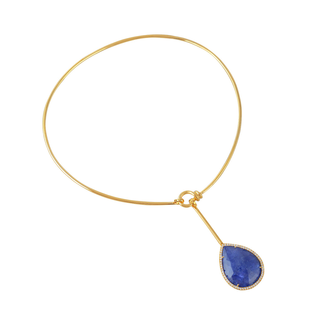 Pear Cut Tanzanite Prong Natural Diamond Antique Choker Necklace In 18K Yellow Gold