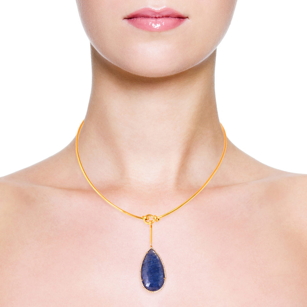 Minimal Gold Choker Necklace with Tanzanite Drop and Diamond Halo