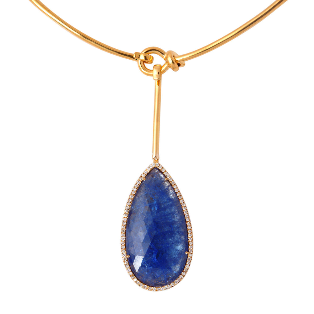 Minimal Gold Choker Necklace with Tanzanite Drop and Diamond Halo
