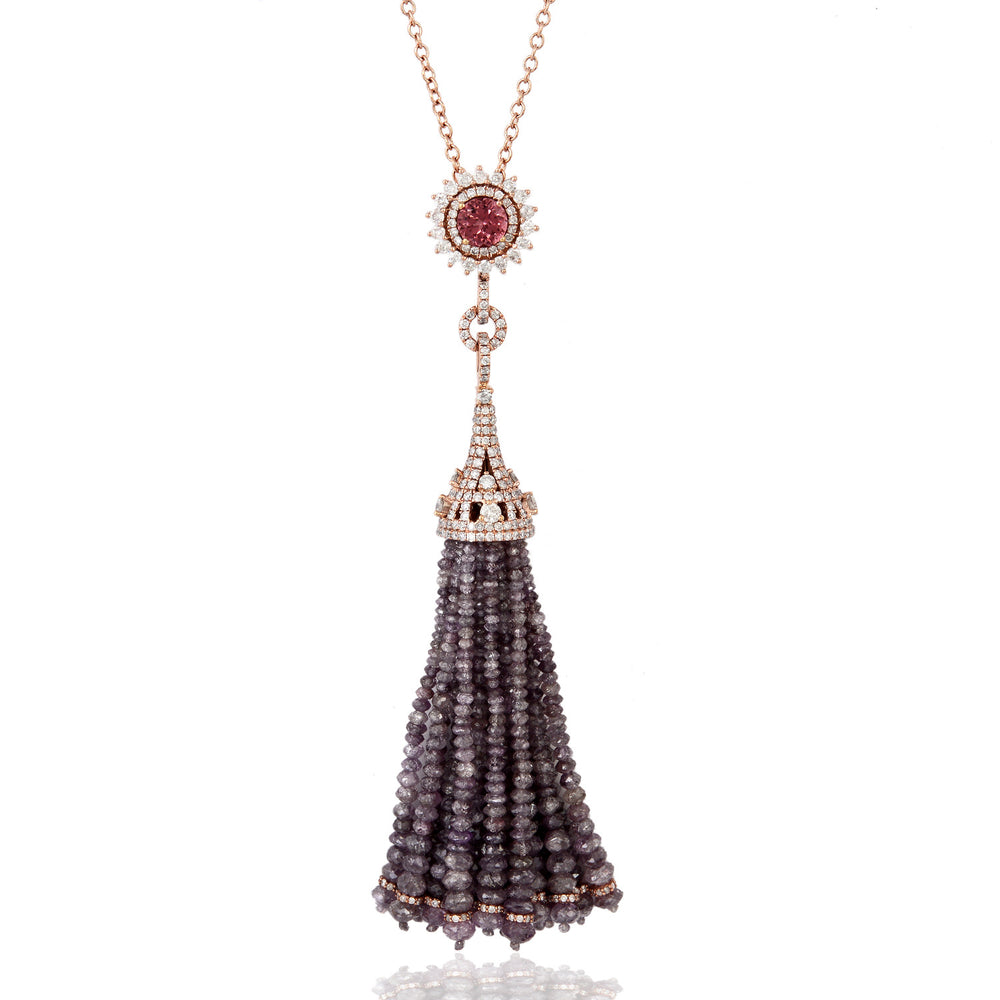 Round Pink Tourmaline Faceted Ice Diamond Beads Tassel Matinee Necklace In Rose Gold Wedding Gift