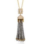 18K Yellow Gold Bezel Set Baguette Diamond Faceted Beads Tassel Opera Necklace For Her