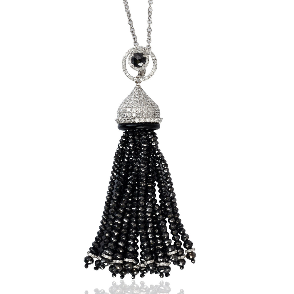 Faceted Beaded Black Ice Diamond Pave Onyx Gemstone Long Tassel Necklace