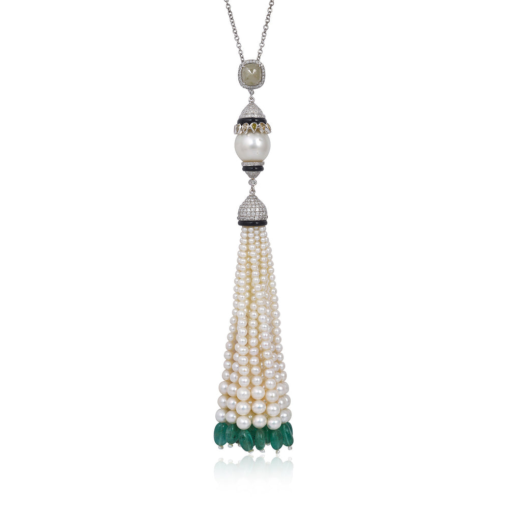 Pearl Beads Emerald Multi Gemstone Tassel Matinee Necklace Pave Diamond In White Gold