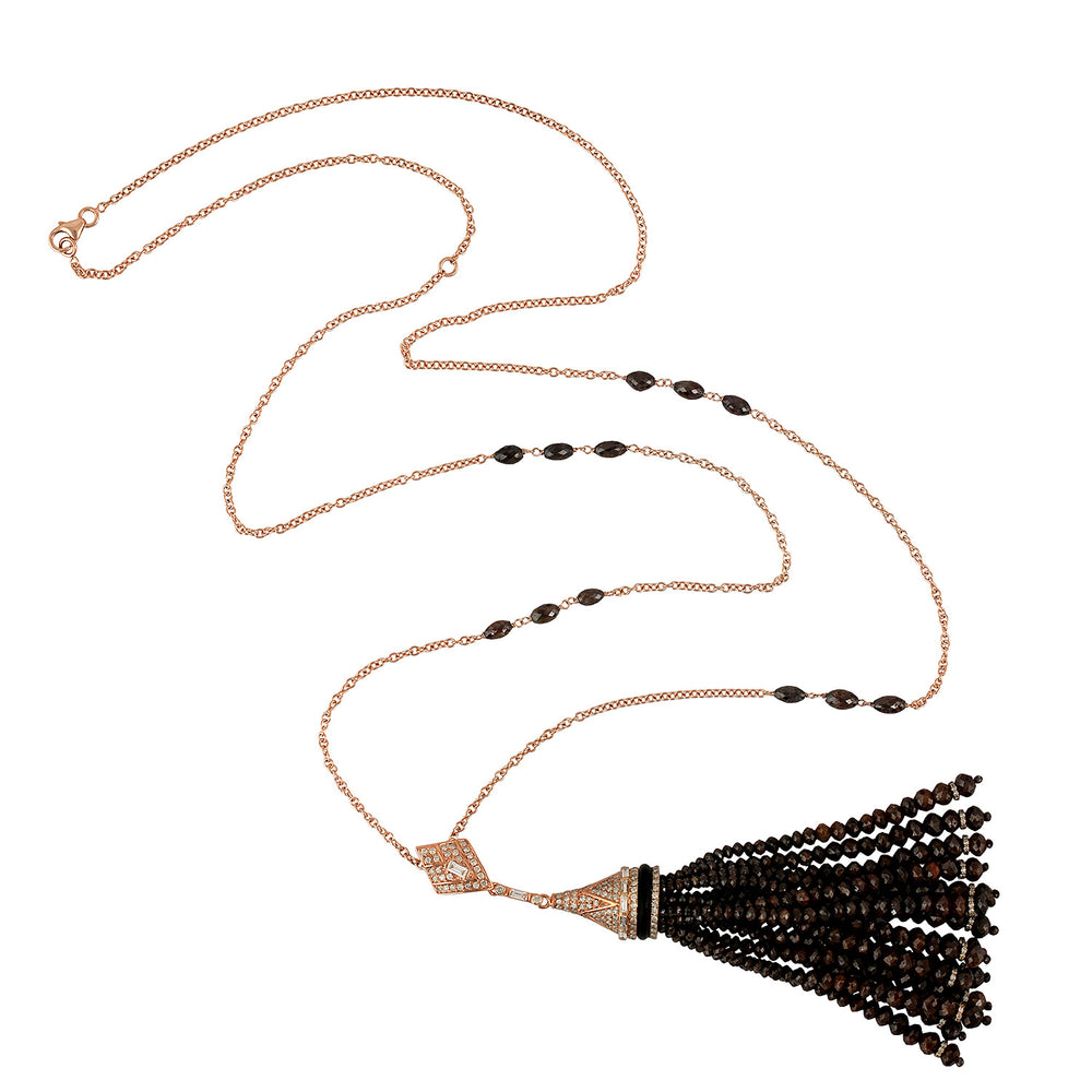 Faceted Beads Washer Shape Onyx Gemstone Pave Diamond Tassel Opera Necklace 18K Rose Gold