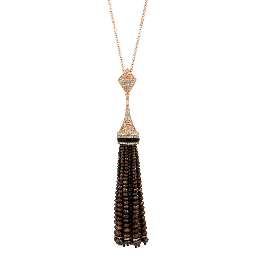 Faceted Beads Washer Shape Onyx Gemstone Pave Diamond Tassel Opera Necklace 18K Rose Gold