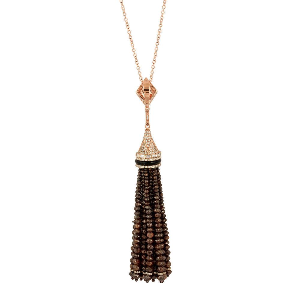 Faceted Beads Washer Shape Onyx Gemstone Pave Diamond Tassel Opera Necklace 18K Rose Gold