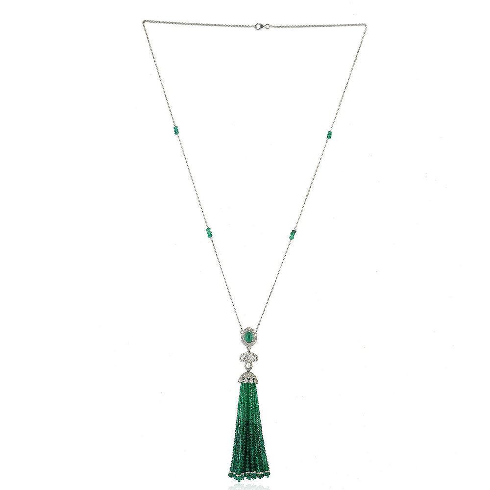 Emerald Bead Tassel Pendant Necklace with Diamond Accents in 18K White Gold