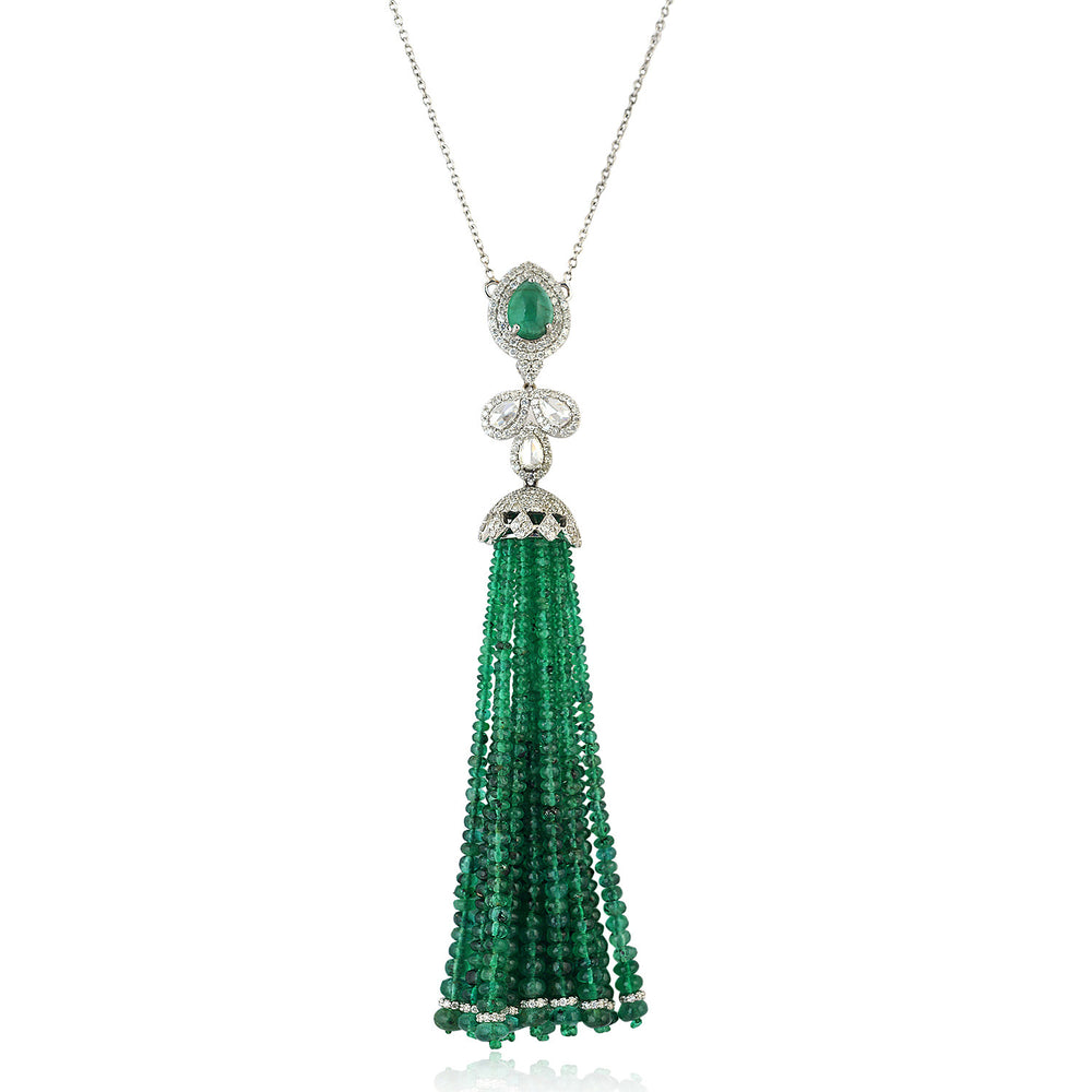 Emerald Bead Tassel Pendant Necklace with Diamond Accents in 18K White Gold
