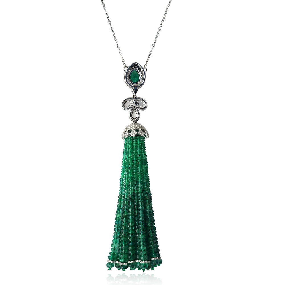 Emerald Bead Tassel Pendant Necklace with Diamond Accents in 18K White Gold