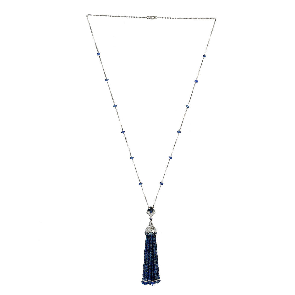 Faceted Beaded Blue Sapphire Baguette Diamond Tassel Matinee Necklace In White Gold