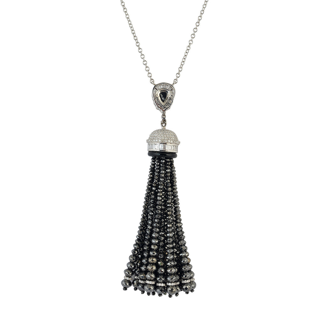 Black Washer Faceted Beads Diamond Round Onyx Tassel Matinee Necklace In White Gold Sale