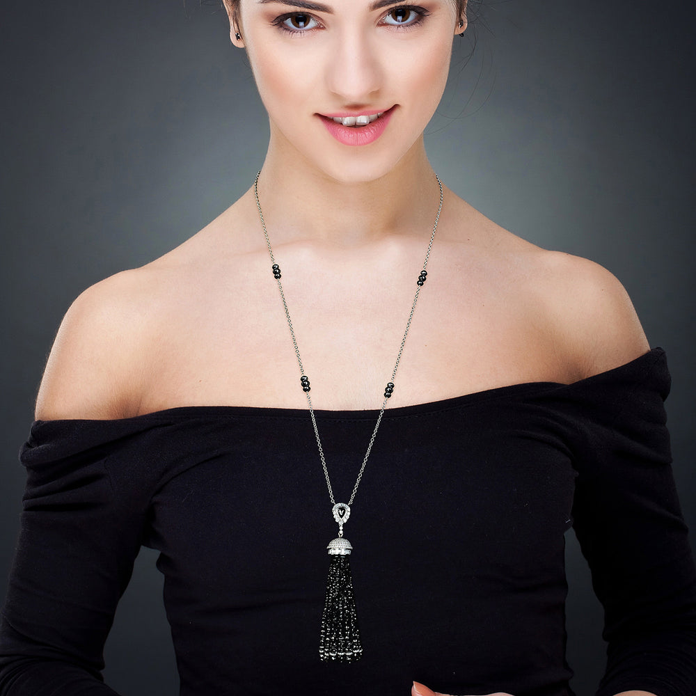 Black Washer Faceted Beads Diamond Round Onyx Tassel Matinee Necklace In White Gold Sale