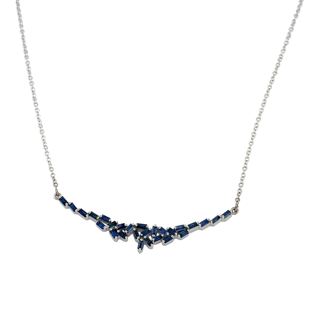 Blue Sapphire Baguette Cluster Bar Necklace in 18K White Gold