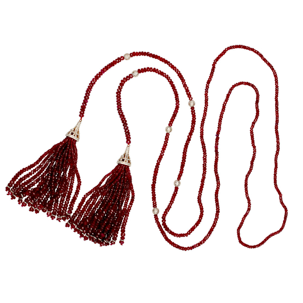 Faceted Ruby Beads Pave Natural Diamond Tassel Rope Lariat Necklace In 18K Rose Gold Jewelry