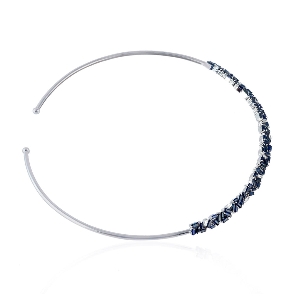 Baguette Blue Sapphire & Diamond Wedding Cuff Necklace In 18k White Gold