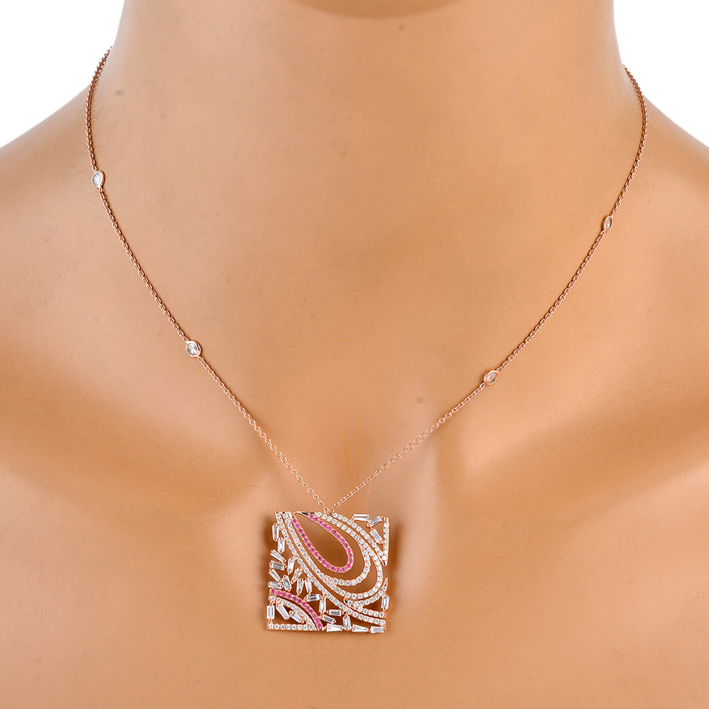 Baguette Cut Diamond & Pave Pink Sapphire Square Choker Necklace in 18K Rose Gold