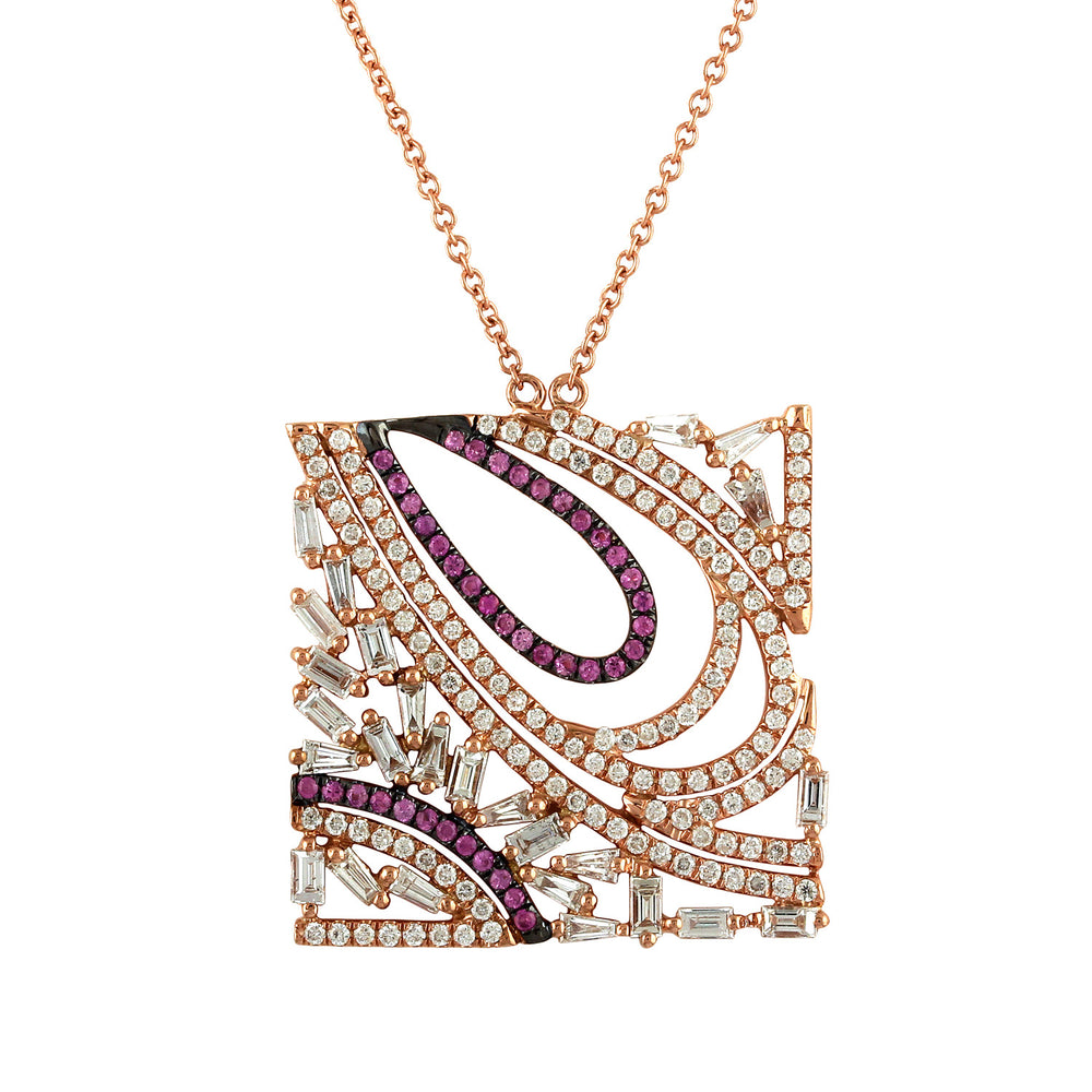 Baguette Cut Diamond & Pave Pink Sapphire Square Choker Necklace in 18K Rose Gold