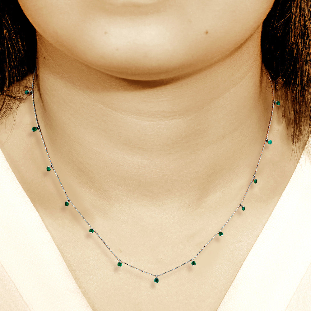 Prong Set Emerald Bead Necklace in 18K White Gold – Dainty Dot Ball Chain Jewelry for Her