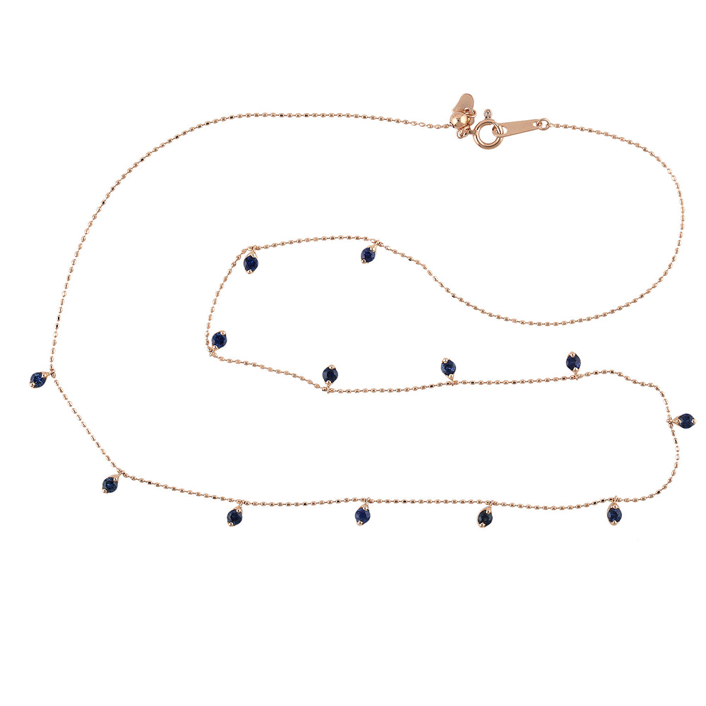 Blue Sapphire Gemstone Beaded Station Princess Necklace In 18K Rose Gold
