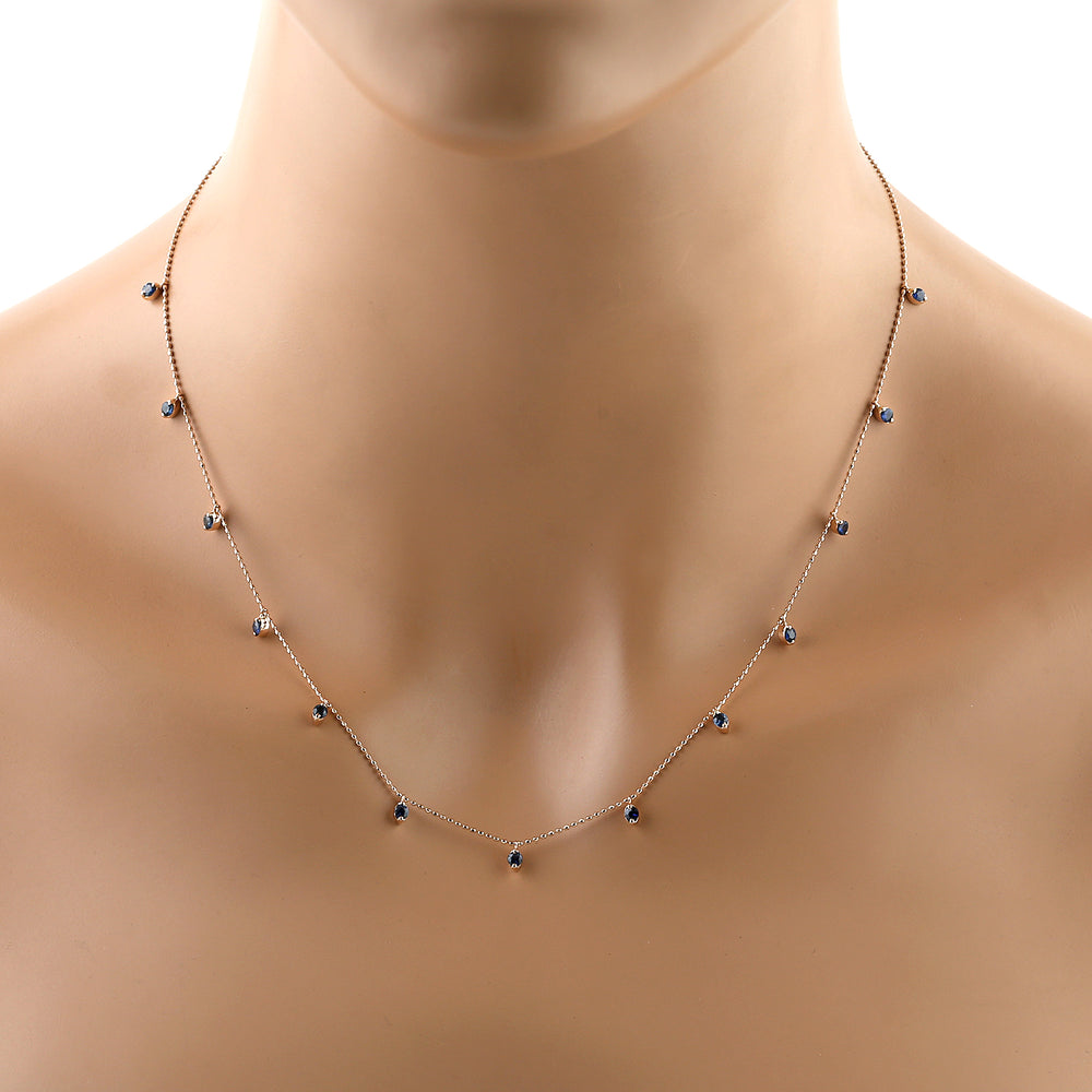 Blue Sapphire Gemstone Beaded Station Princess Necklace In 18K Rose Gold