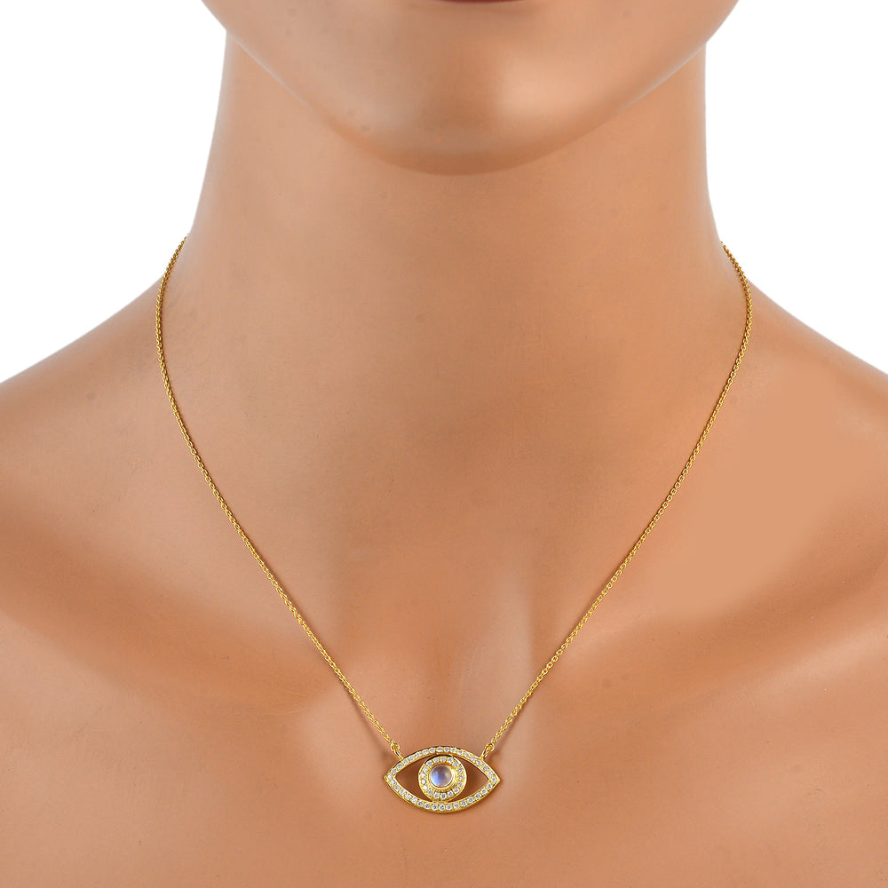 Round Cut Moonstone & Pave Diamond Evil Eye Choker Necklace in Yellow Gold