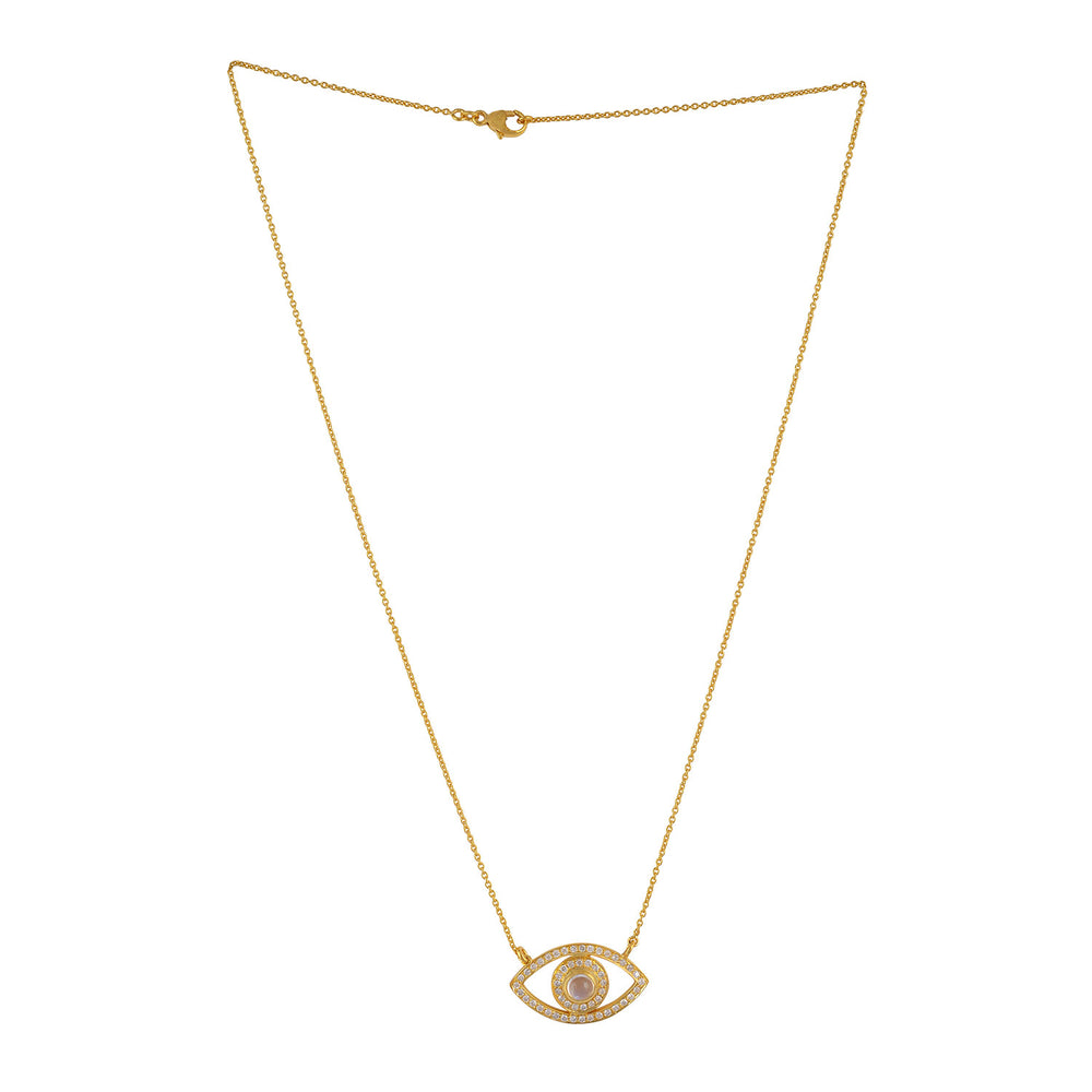Round Cut Moonstone & Pave Diamond Evil Eye Choker Necklace in Yellow Gold