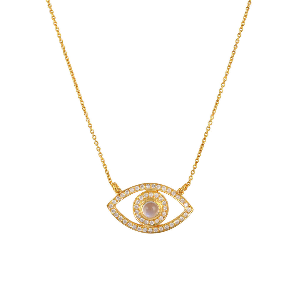 Round Cut Moonstone & Pave Diamond Evil Eye Choker Necklace in Yellow Gold