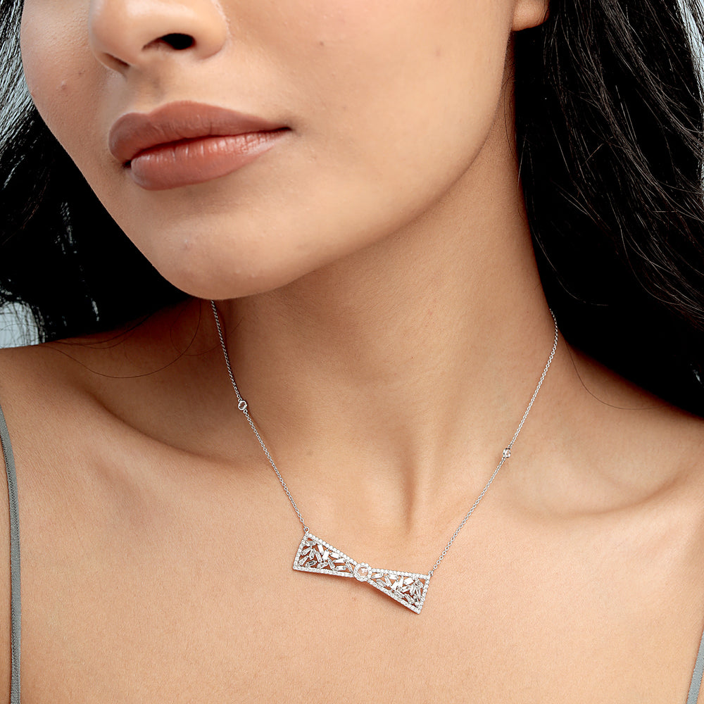 Baguette Diamond Bow Princess Necklace in 18K White Gold – Elegant Women’s Jewelry Gift
