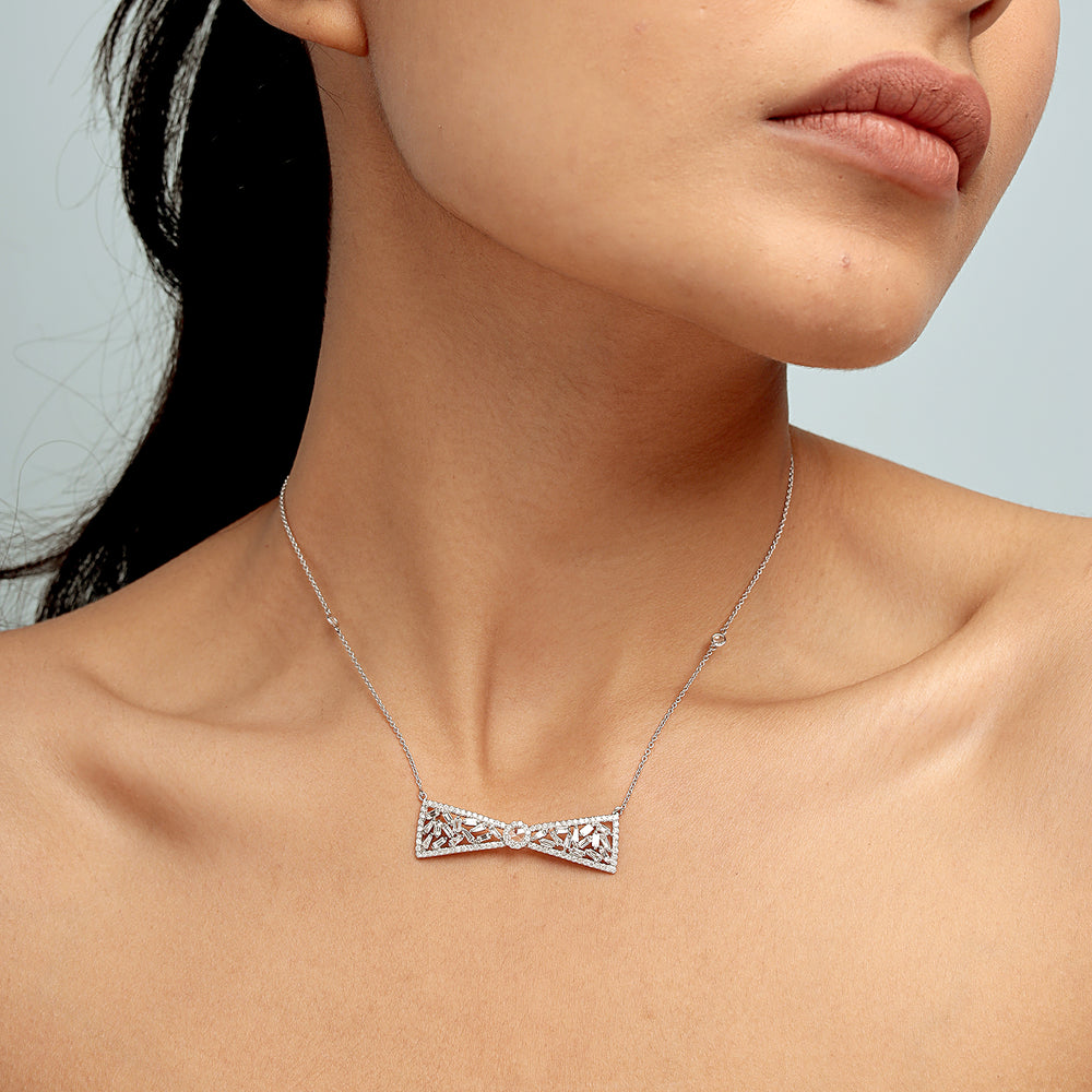Baguette Diamond Bow Princess Necklace in 18K White Gold – Elegant Women’s Jewelry Gift
