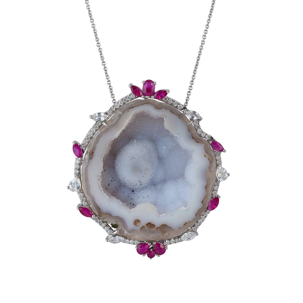 Uneven Geode Pave Diamond Sapphire Ruby Choker Necklace In 18k White Gold