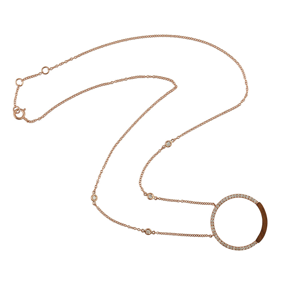 14k Rose Gold Micro Pave Diamond Wood Round Princess Necklace