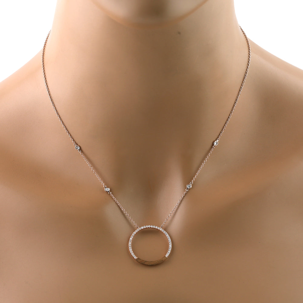 14k Rose Gold Micro Pave Diamond Wood Round Princess Necklace