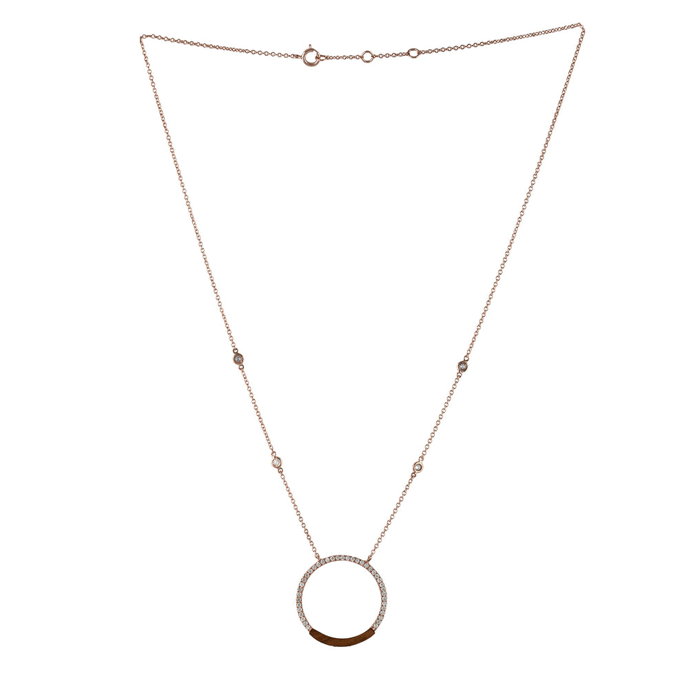 14k Rose Gold Micro Pave Diamond Wood Round Princess Necklace