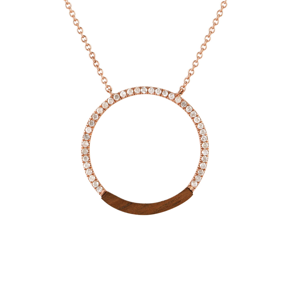 14k Rose Gold Micro Pave Diamond Wood Round Princess Necklace