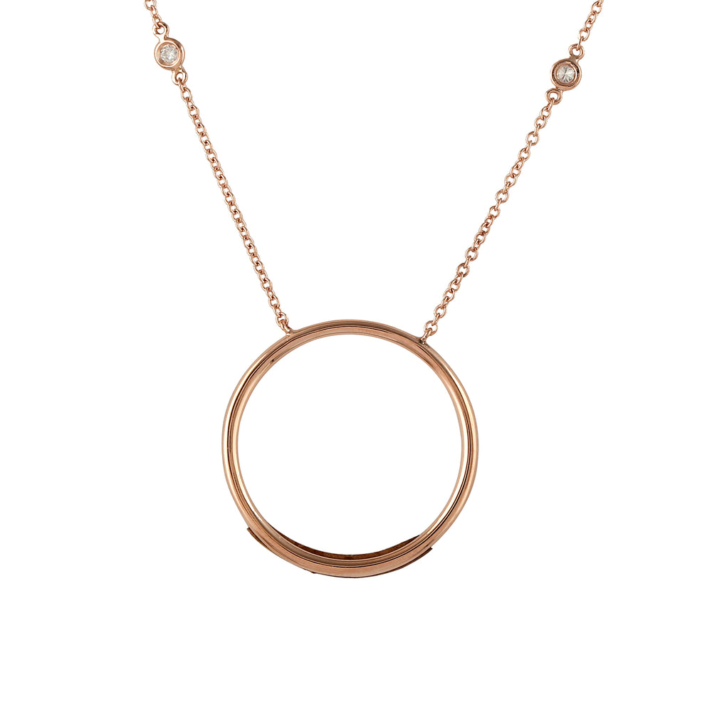 14k Rose Gold Micro Pave Diamond Wood Round Princess Necklace