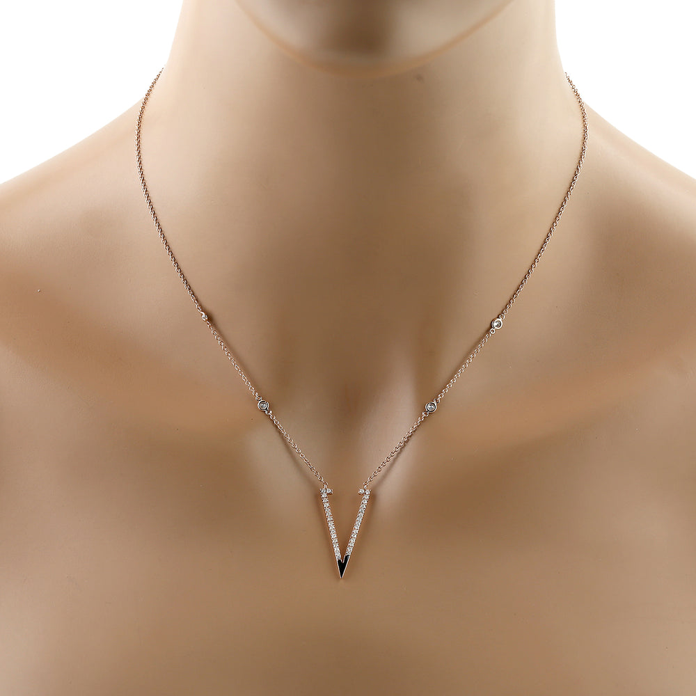 14k Rose Gold Pave Diamond "V" Initial Alphabet Enamel Princess Necklace