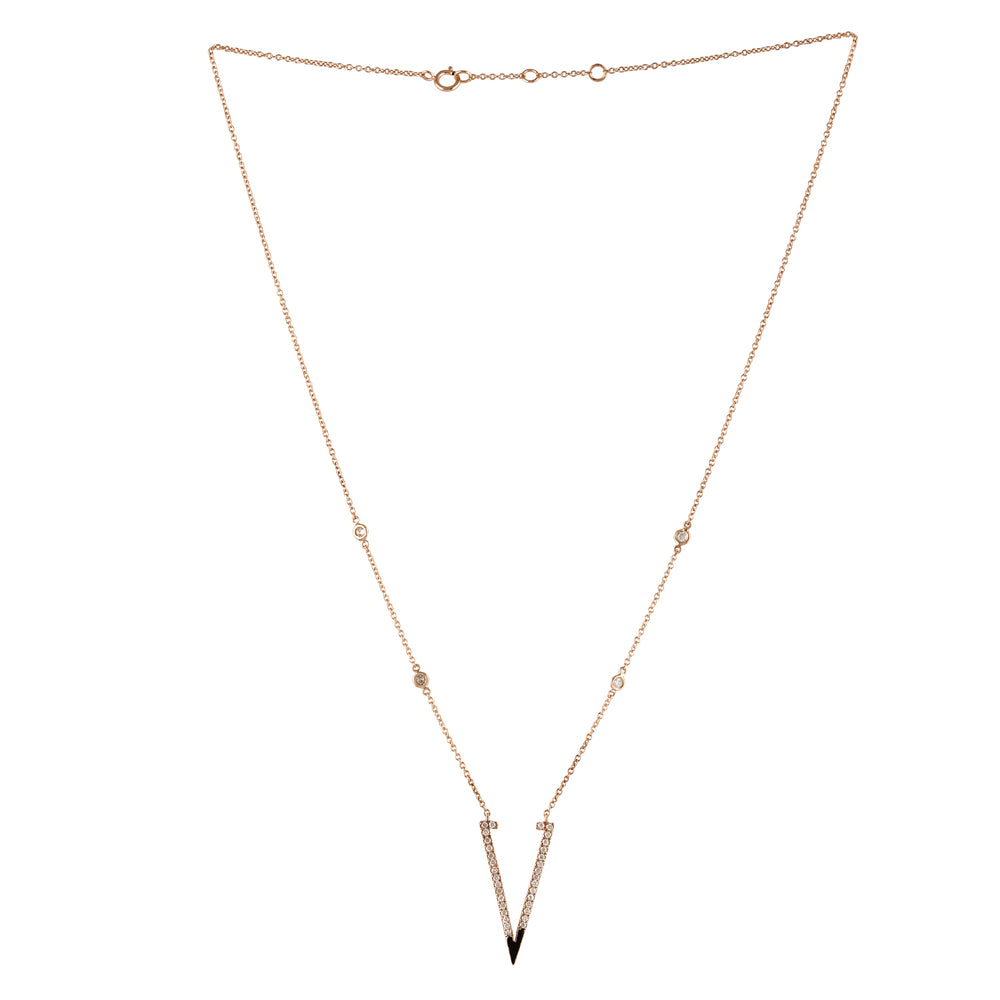 14k Rose Gold Pave Diamond "V" Initial Alphabet Enamel Princess Necklace
