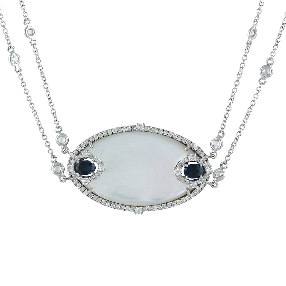18K White Gold MOP, Blue Sapphire & Diamond Wedding Choker Necklace for Her