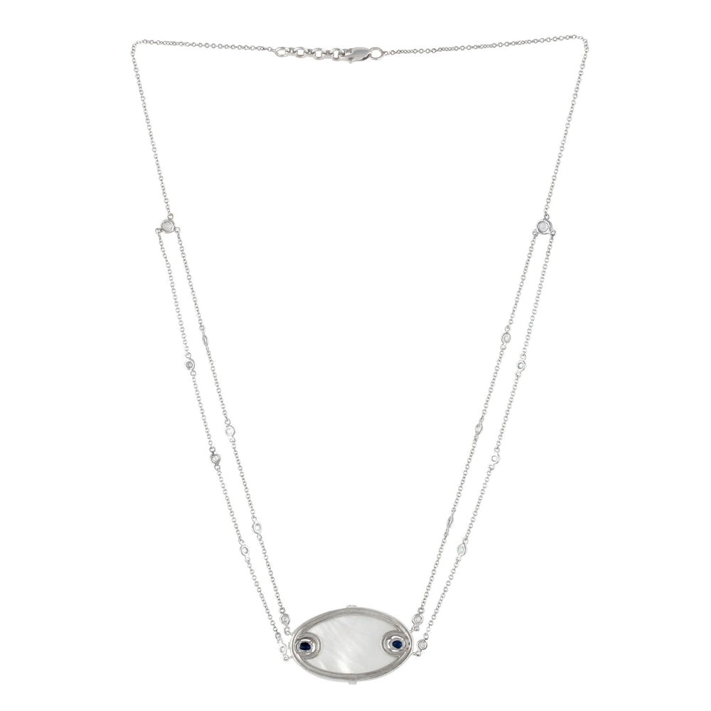 18K White Gold MOP, Blue Sapphire & Diamond Wedding Choker Necklace for Her