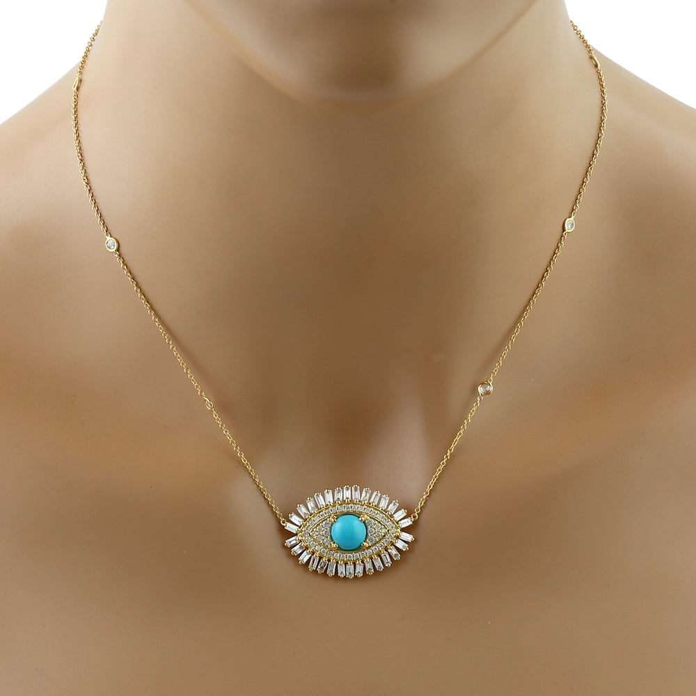 Baguette Diamond & Turquoise Evil Eye Charm Pendant 18k Yellow Gold Chain Necklace Jewelry