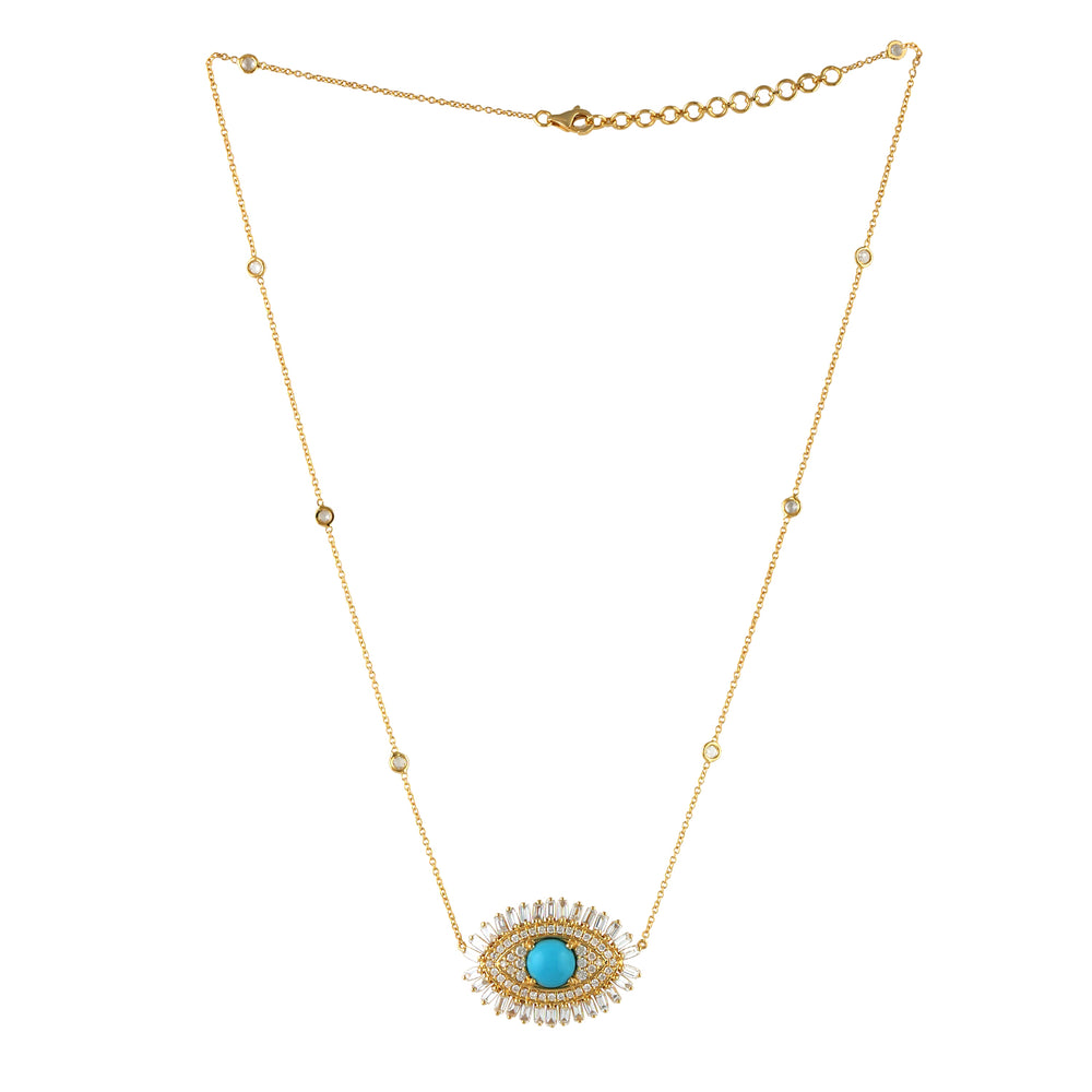 Baguette Diamond & Turquoise Evil Eye Charm Pendant 18k Yellow Gold Chain Necklace Jewelry