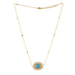 Baguette Diamond & Turquoise Evil Eye Charm Pendant 18k Yellow Gold Chain Necklace Jewelry