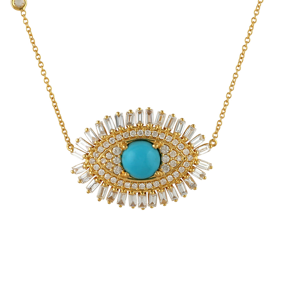 Baguette Diamond & Turquoise Evil Eye Charm Pendant 18k Yellow Gold Chain Necklace Jewelry